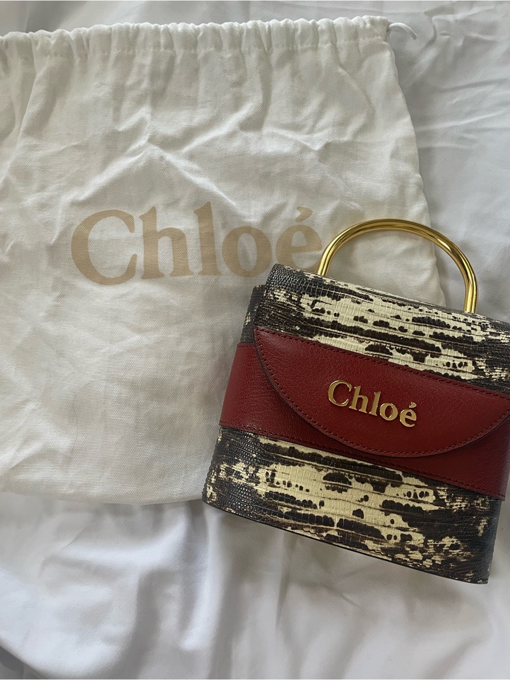 Chloé Aby Lock Sepia and Lizard Patterned Small Top-Handle Bag
